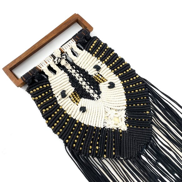 CLEOBELLA🌺Seville Boho Fringe Retro Macrame Beaded Clutch Black & White - Picture 4 of 12